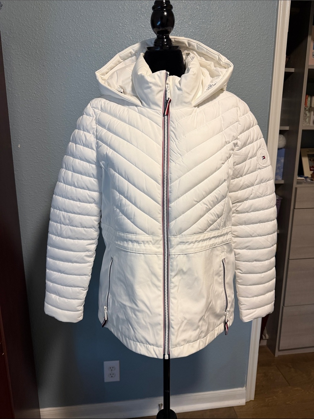Tommy Hilfiger White Quilted Hooded Puffer with Red & Navy Zipper Trim